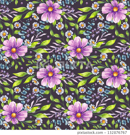 Watercolor blooming flower seamless pattern. Purple cosmos, white daisy chamomile, berries, green leaves eucalyptus. Floral botanical drawing. Hand drawn illustration background. Textile, print 132876767