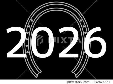 Monochrome New Year's design with a horseshoe and the year "2026" - Simple and modern 2026 New Year's card material with white text on a black background Monochrome New Year's design with a horseshoe and the year "2026" - Simple and modern 2026 New Year's card material with white text on a black background 132876867