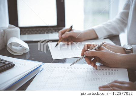 Two accountants use a laptop computer for counting taxes or revenue balance. Business, audit, and taxes concepts Two accountants use a laptop computer for counting taxes or revenue balance. Business, audit, and taxes concepts 132877032