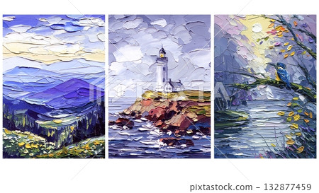 Impasto Oil Painting Set. Mountain Landscape, Lighthouse on the Coast, and Bird by the River, Textured Nature Artwork Collection Impasto Oil Painting Set. Mountain Landscape, Lighthouse on the Coast, and Bird by the River, Textured Nature Artwork Collection 132877459