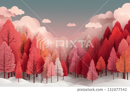 Pink Winter Forest | Fantastic Snow Scene and Red Trees Gradient Background 132877542