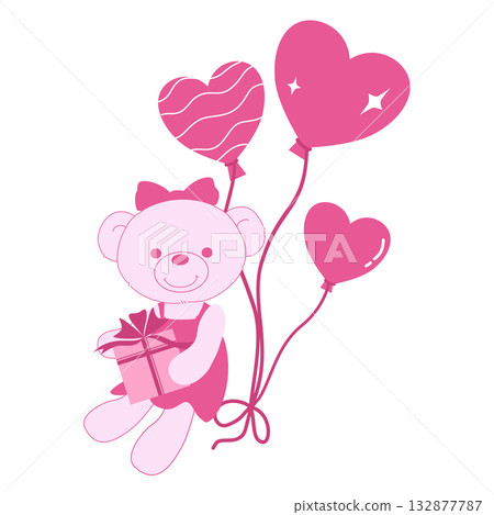 Cute Pink Teddy Bear with Heart Balloons and Gift Box, Valentine Day Illustration Cute Pink Teddy Bear with Heart Balloons and Gift Box, Valentine Day Illustration 132877787