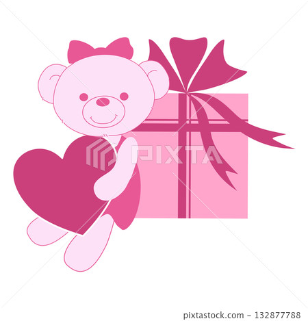 Cute Pink Teddy Bear Holding Heart and Gift Box Illustration Cute Pink Teddy Bear Holding Heart and Gift Box Illustration 132877788