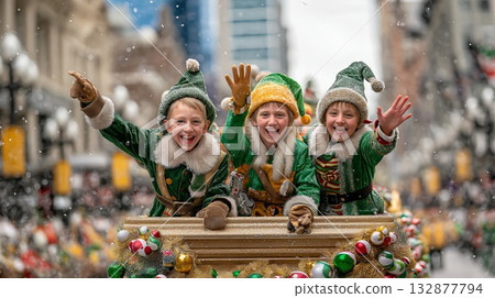 Three young boys beaming with joy in elf costumes, enthusiastically waving and pointing to spectators from a festive Christmas parade float with falling snow Three young boys beaming with joy in elf costumes, enthusiastically waving and pointing to spectators from a festive Christmas parade float with falling snow 132877794