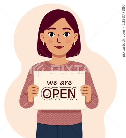 Girl with an ad in her hands, welcome Girl with an ad in her hands, welcome 132877880