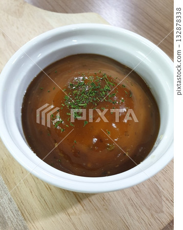 Mashed Potato in white bowl on old wooden plate. 132878338