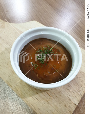 Mashed Potato in white bowl on old wooden plate. 132878340