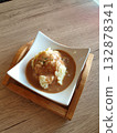 Mashed Potato in white bowl on old wooden plate. 132878341