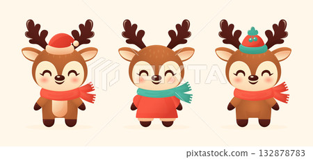 Cute Christmas Reindeer Cartoon Characters Set Collection. Cute Christmas Reindeer Cartoon Characters Set Collection. 132878783