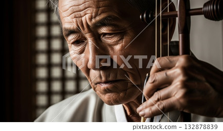 Elderly Asian man concentrating while playing traditional erhu string instrument with weathered hands and deeply lined face 132878839