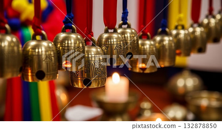 Traditional golden brass temple bells with ornate Buddhist patterns hanging from colorful ribbons with warm candlelight ambiance 132878850