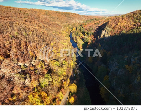 Autumn landscape with river and setting sun. Concept for nature and autumn time. Jihlava river Czech Republic Autumn landscape with river and setting sun. Concept for nature and autumn time. Jihlava river Czech Republic 132878873