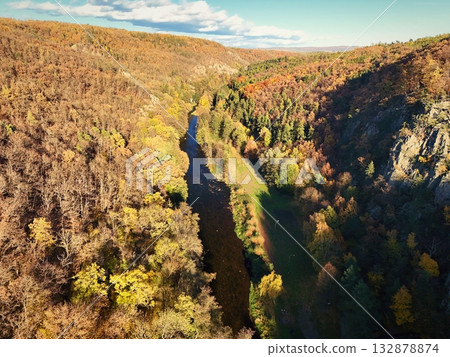 Autumn landscape with river and setting sun. Concept for nature and autumn time. Jihlava river  Czech Republic 132878874