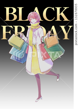 一位女士提著許多購物袋，面帶微笑，冬日，黑色星期五 132878935