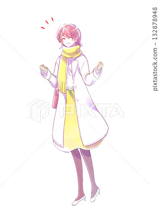 一位女子微笑著走出家門，雙手握拳，冬日 132878948