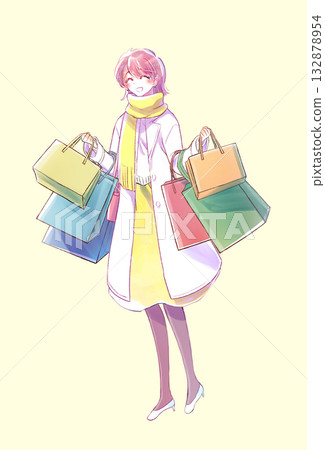一位拎著許多購物袋的女士,面帶微笑,冬日 一位拎著許多購物袋的女士,面帶微笑,冬日 132878954