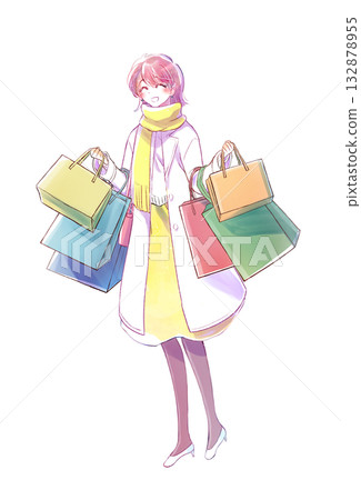 Woman with lots of shopping bags, smiling, winter Woman with lots of shopping bags, smiling, winter 132878955