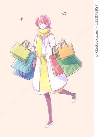 Woman with lots of shopping bags, smiling, winter Woman with lots of shopping bags, smiling, winter 132878957