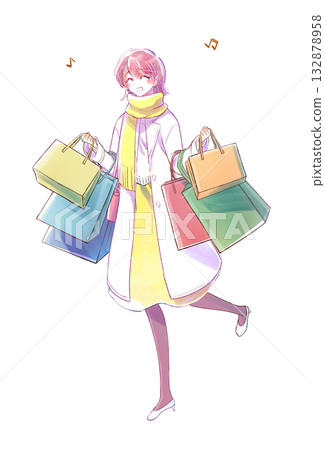 Woman with lots of shopping bags, smiling, winter Woman with lots of shopping bags, smiling, winter 132878958