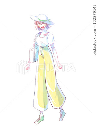 女人外出，面帶微笑，夏天，穿著褲子 132879142