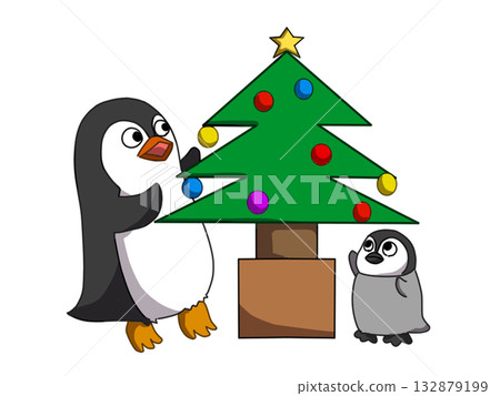 Cute baby penguin and Christmas tree 132879199