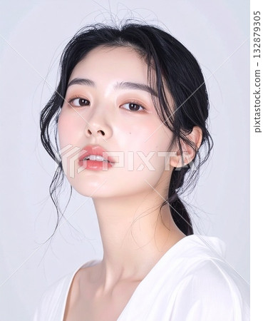 在柔和光線下，年輕女子肌膚光滑，妝容自然。 132879305