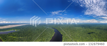 Tarapoto Lake in Amazon river rain forest huge aerial panorama landscape, puerto narino amazonas colombia 132879460