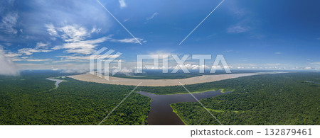 Tarapoto Lake in Amazon river rain forest huge aerial panorama landscape, puerto narino amazonas colombia 132879461