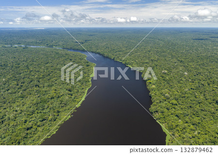 Tarapoto Lake in Amazon rain forest huge aerial panorama landscape, puerto narino amazonas colombia 132879462