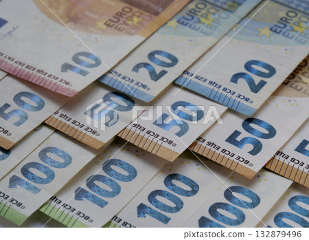 Euro banknotes and coins. Euro money. Background of bills and coin of european union currency. 132879496
