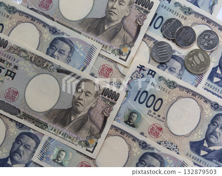 Close up of Japanese money and coin. Close up of Japanese money and coin. 132879503