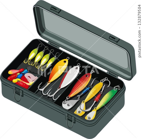 Open Fishing Tackle Box with Lures and Bait Open Fishing Tackle Box with Lures and Bait 132879584
