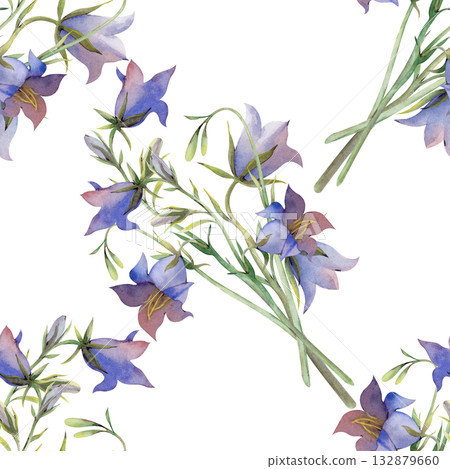 Seamless hand-drawn pattern with purple wildflower bluebells. Watercolor illustration on a white background. Seamless botanical background for wallpaper, packaging, textiles. Seamless hand-drawn pattern with purple wildflower bluebells. Watercolor illustration on a white background. Seamless botanical background for wallpaper, packaging, textiles. 132879660
