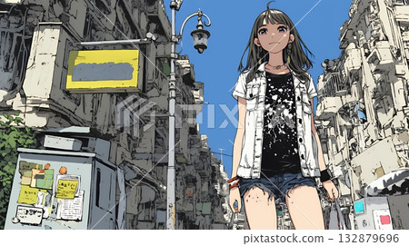 一名年輕女子身處城市的危險地帶 132879696