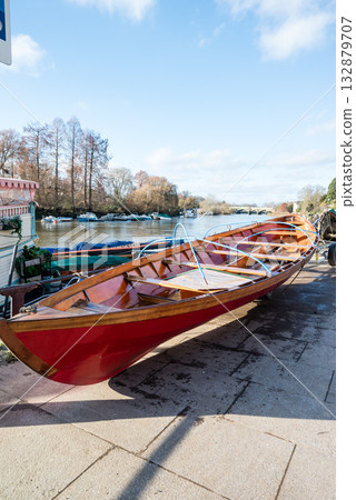 Boats parked on the River Thames in bright sunlight in Richmond, a suburb of London 132879707
