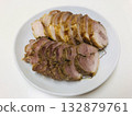 2 pieces of braised pork cut without ends, cross section shown 132879761