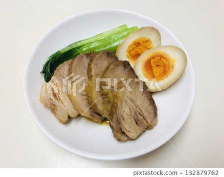 Braised pork and seasoned egg with bok choy Braised pork and seasoned egg with bok choy 132879762