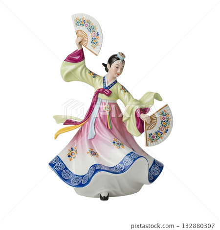 Porcelain figurine of a korean woman in a traditional hanbok dress performing a fan dance 132880307