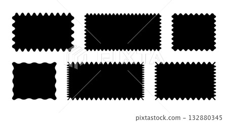 Rectangular backgrounds with squiggly borders set. Black squared tags, empty text boxes, labels, stamps, crackers, coupons with curvy, squiggly, wiggly, wavy edges. Wave curve edge frames patterns.  132880345