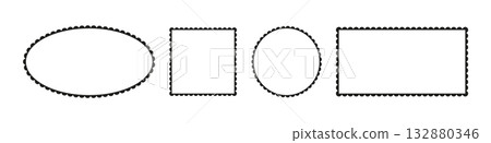 Scalloped frames. Set of scalloped edge rectangle, ellipse, circle, square shapes. Label vintage forms. Silhouette lace frames, backdrops. Flat elements for tags, stickers. Borders simple patterns. 132880346