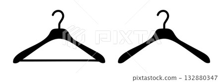 Hanger wardrobe icon. Cloakroom black silhouette pictogram collection. Dry cleaning pattern, clothing store sign. Clothes rack, service symbol set. Hanger wardrobe icon. Cloakroom black silhouette pictogram collection. Dry cleaning pattern, clothing store sign. Clothes rack, service symbol set. 132880347