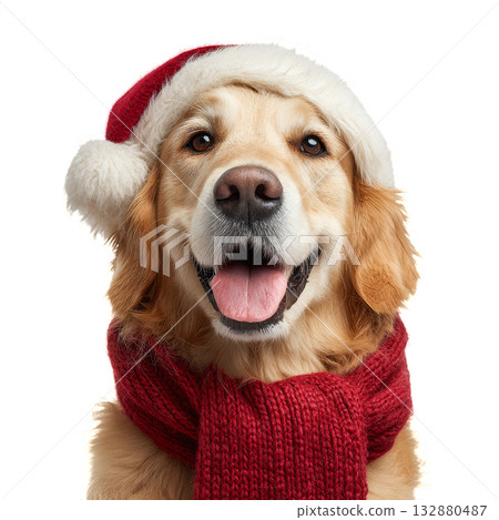 Golden Retriever Wearing a Santa Hat and Scarf Smiles for the Holiday Season. 132880487