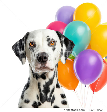 Dalmatian Dog Sits Proudly in Front of Colorful Balloons for a Celebration 132880529