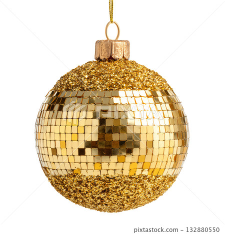 Shimmering Gold Disco Ball Reflecting Light at a Festive Celebration in a Decorated Venue. Shimmering Gold Disco Ball Reflecting Light at a Festive Celebration in a Decorated Venue. 132880550