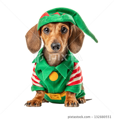 Small Dog Dressed in a Green Outfit With Hat Poses for the Camera During a Fun Event. Small Dog Dressed in a Green Outfit With Hat Poses for the Camera During a Fun Event. 132880551