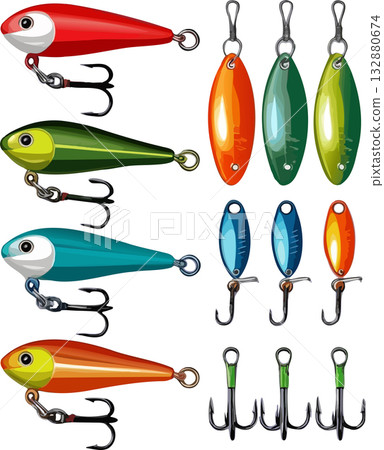 Colorful Fishing Tackle Set with Hooks, Lures, and Baits Colorful Fishing Tackle Set with Hooks, Lures, and Baits 132880674