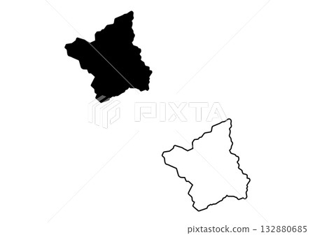 Unique black silhouette and corresponding outline illustrating an unidentified geographic area on a white backdrop 132880685