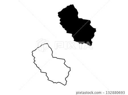 Two monochrome depictions, a solid and an outlined version, illustrate a distinctive pear shaped geographical region 132880693