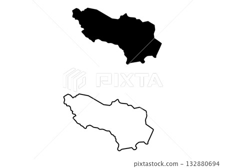 Two identical map representations show a specific areas solid shape and its corresponding boundary Two identical map representations show a specific areas solid shape and its corresponding boundary 132880694