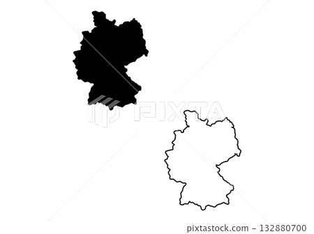 Two distinct monochrome representations of Germanys national borders, illustrating both a filled silhouette and a clear outline 132880700